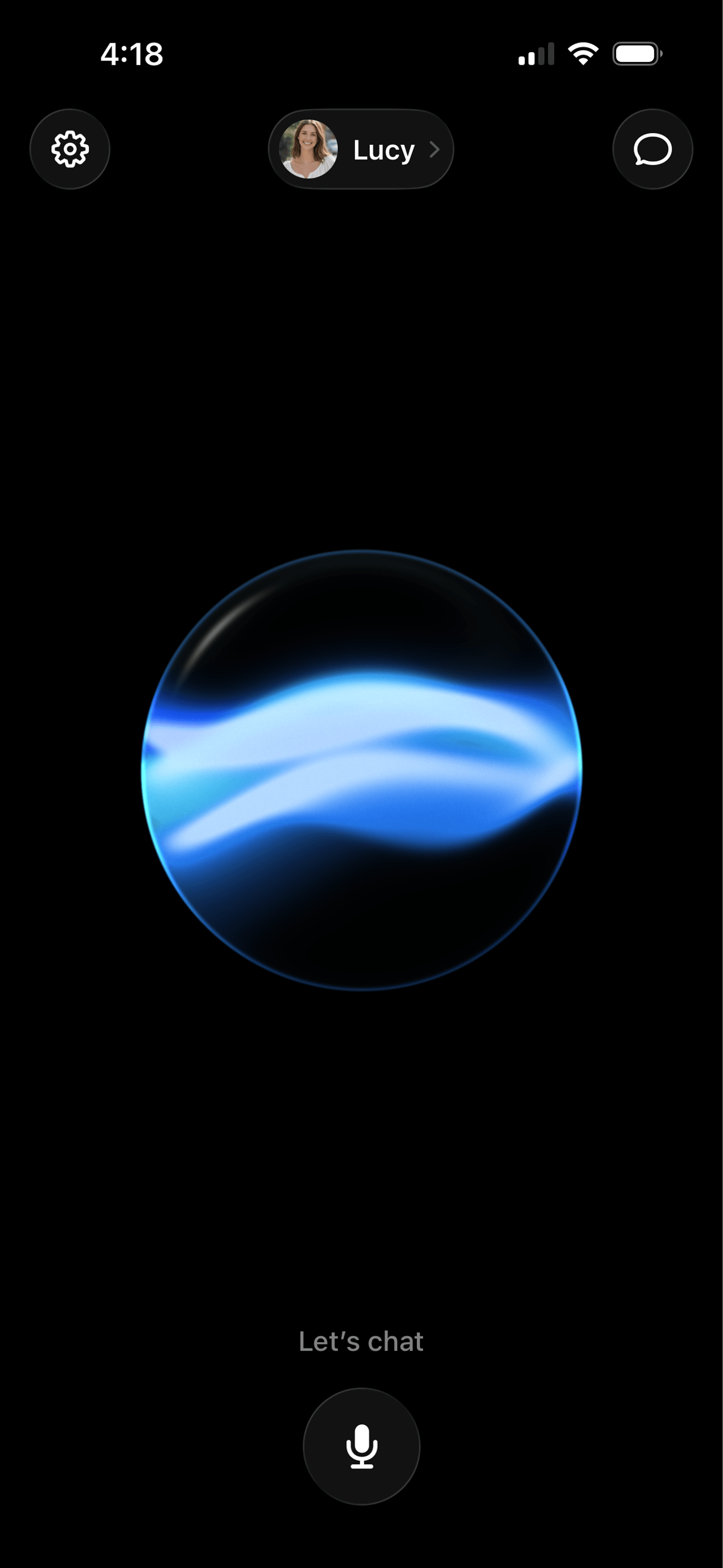 A glowing blue orb in Soulmate's voice conversation with Lucy, above the microphone button