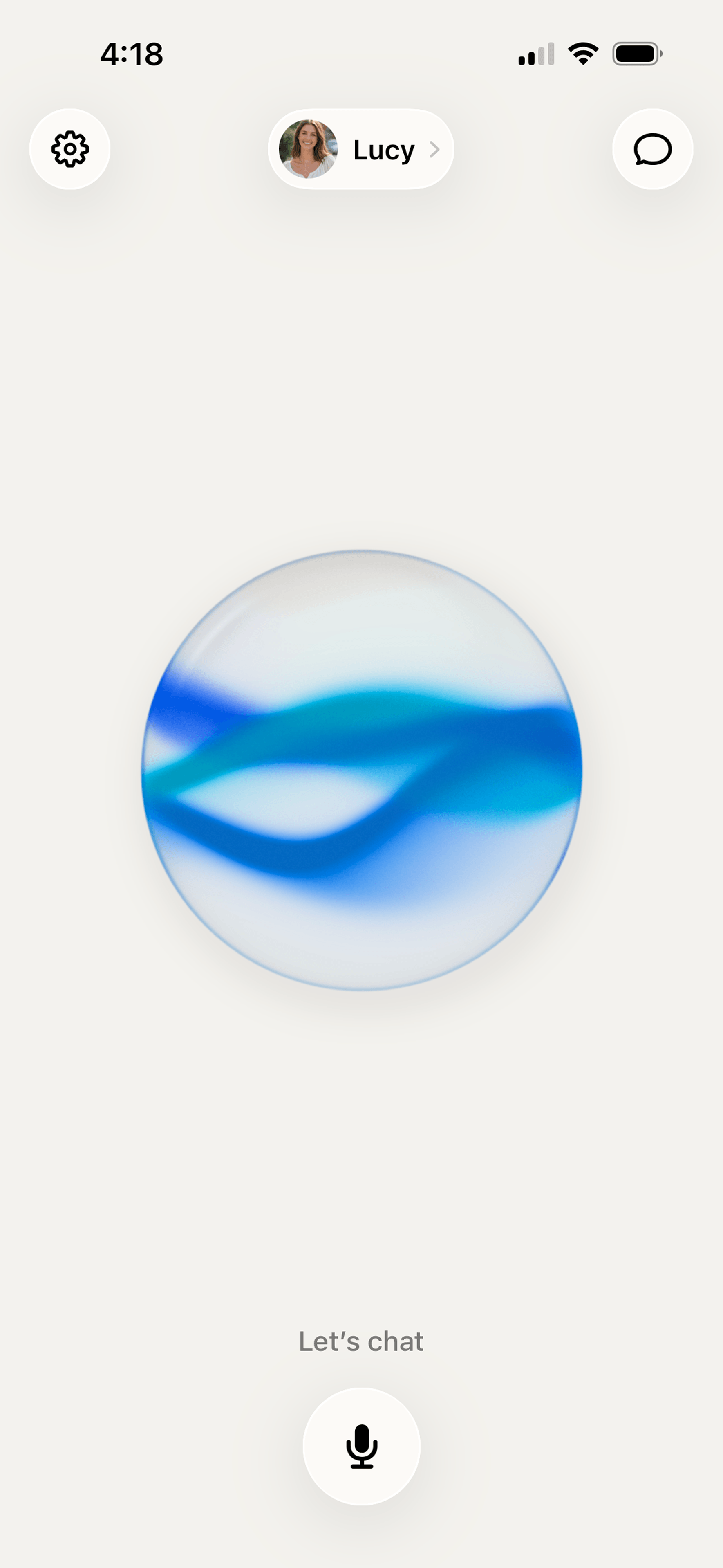 A glowing blue orb in Soulmate's voice conversation with Lucy, above the microphone button