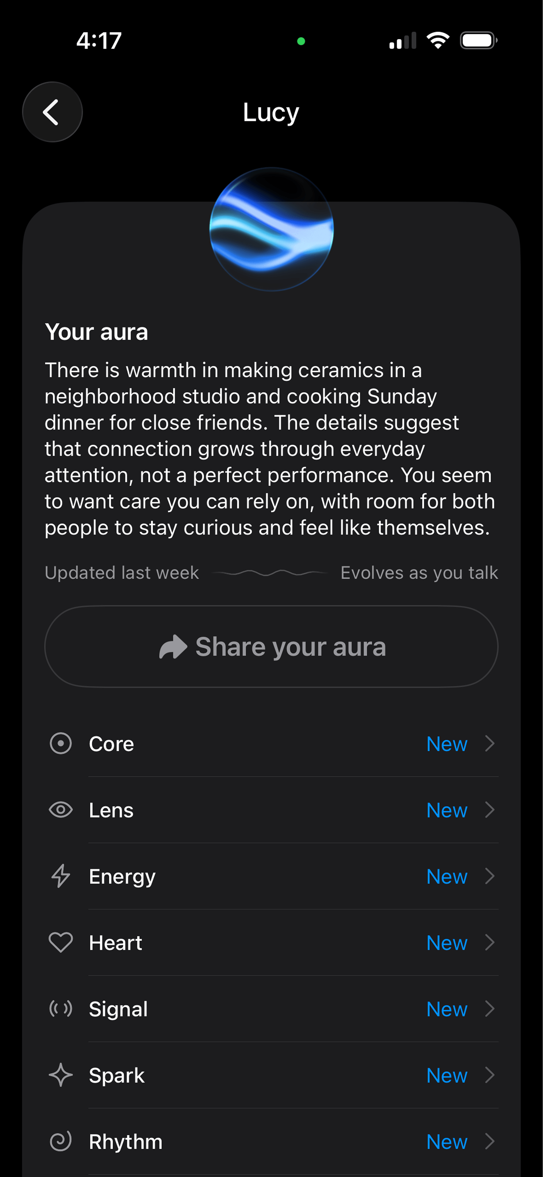 A personal aura profile in Soulmate