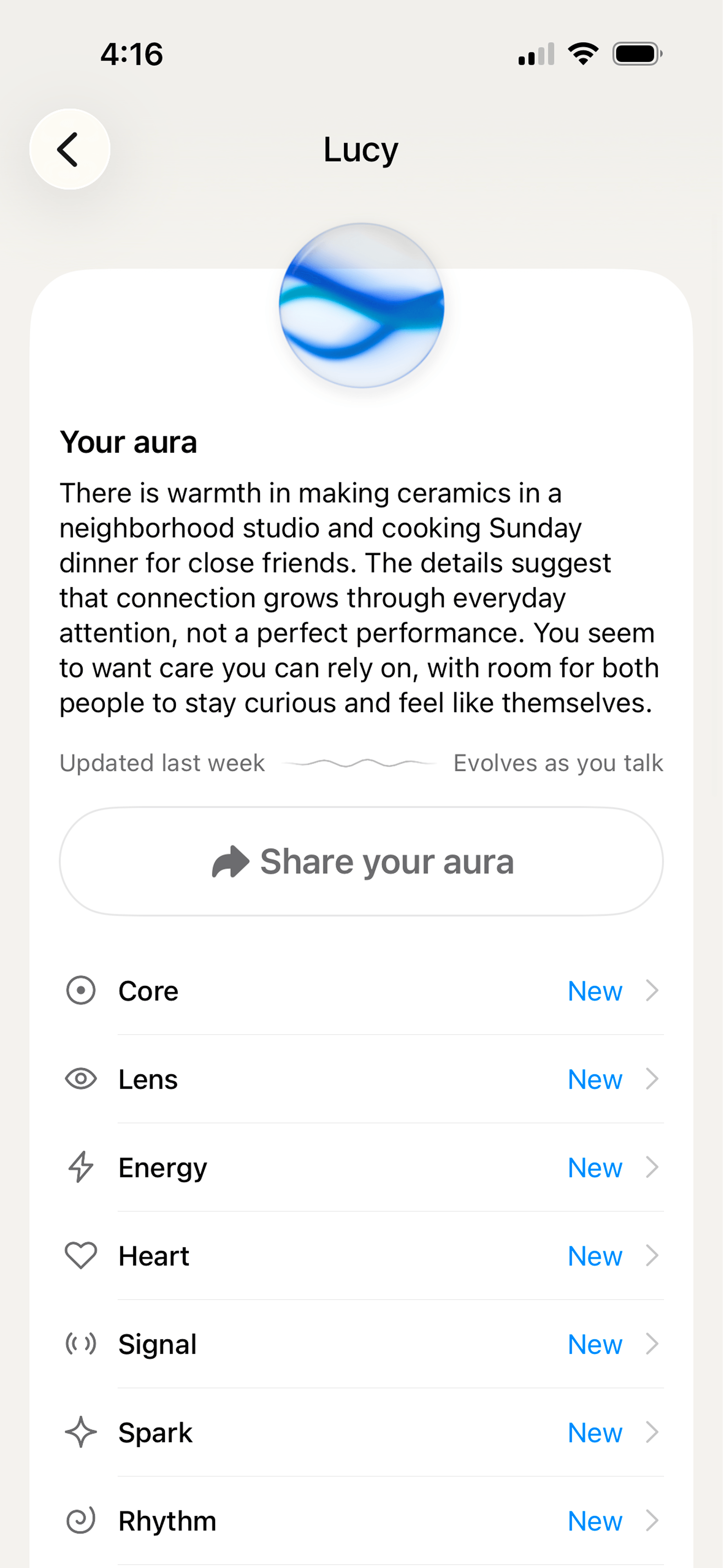 A personal aura profile in Soulmate