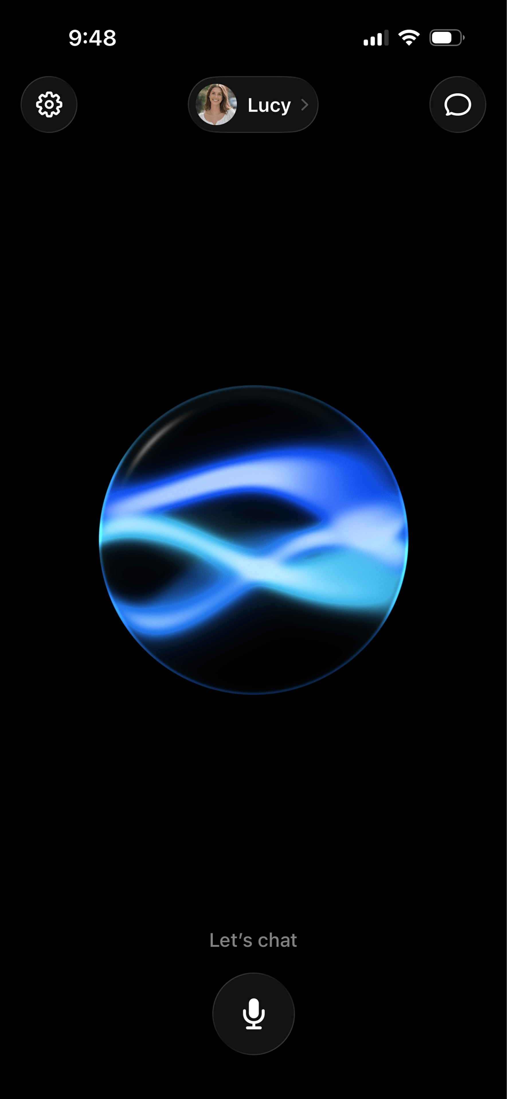 Soulmate voice conversation with Lucy, a glowing blue orb, and the microphone button