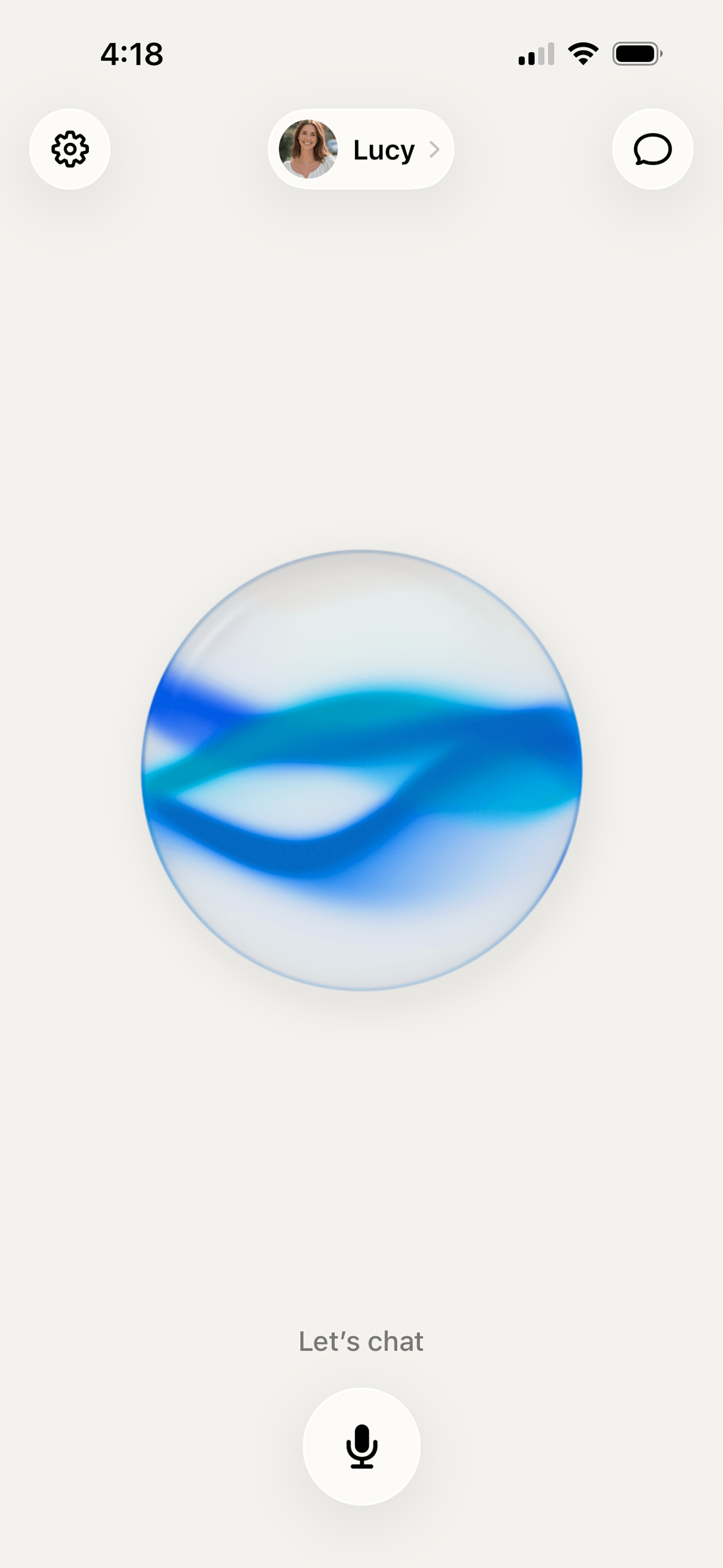 Soulmate voice conversation with Lucy, a glowing blue orb, and the microphone button
