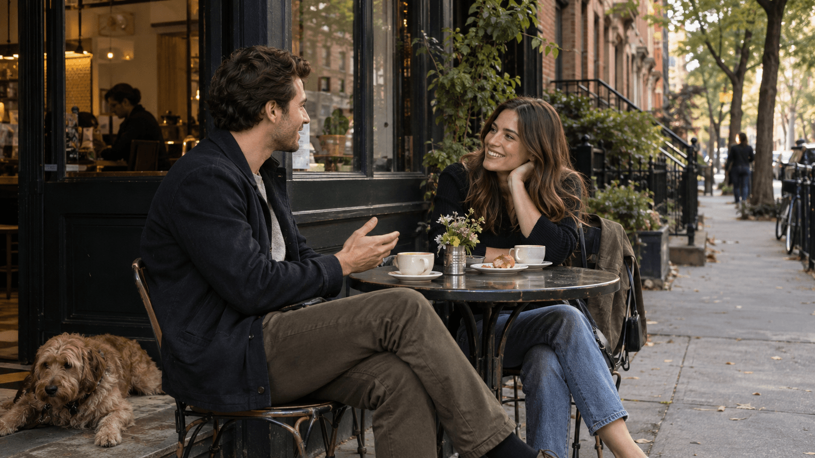 AI-generated scene of two people talking over coffee outside a West Village café